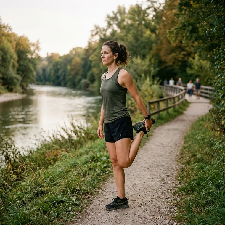 Eine Läuferin dehnt sich sanft nach dem Lauf im grünen Park am Flussufer