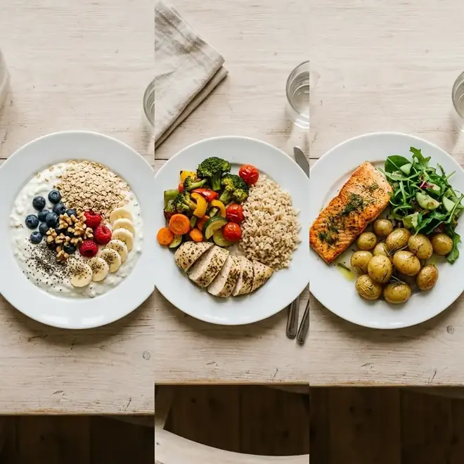 Drei gleiche weiße Teller nebeneinander von oben: links Frühstück, mittig Mittagessen, rechts Abendessen, alle ähnlich groß