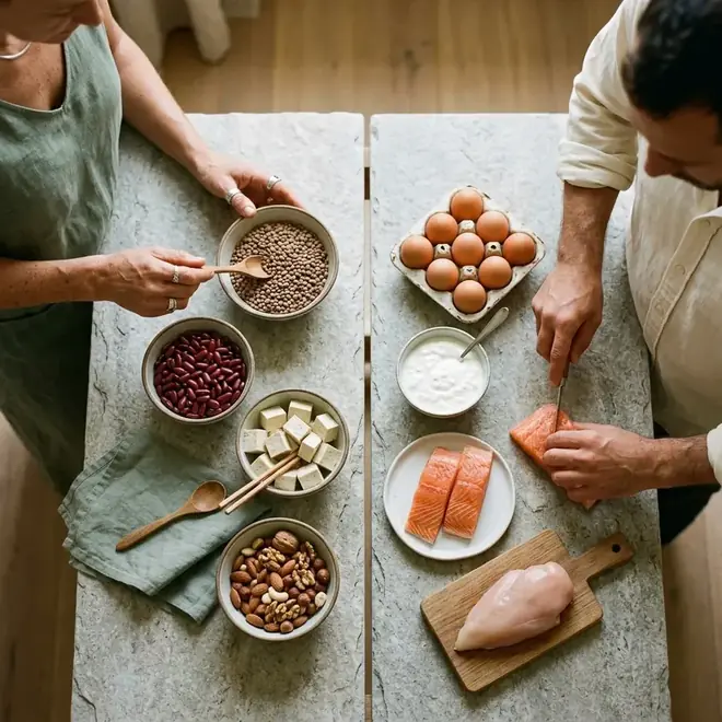 Zwei Gruppen von Lebensmitteln nebeneinander: links pflanzlich (Linsen, Tofu, Nüsse), rechts tierisch (Eier, Quark, Hähnchen)