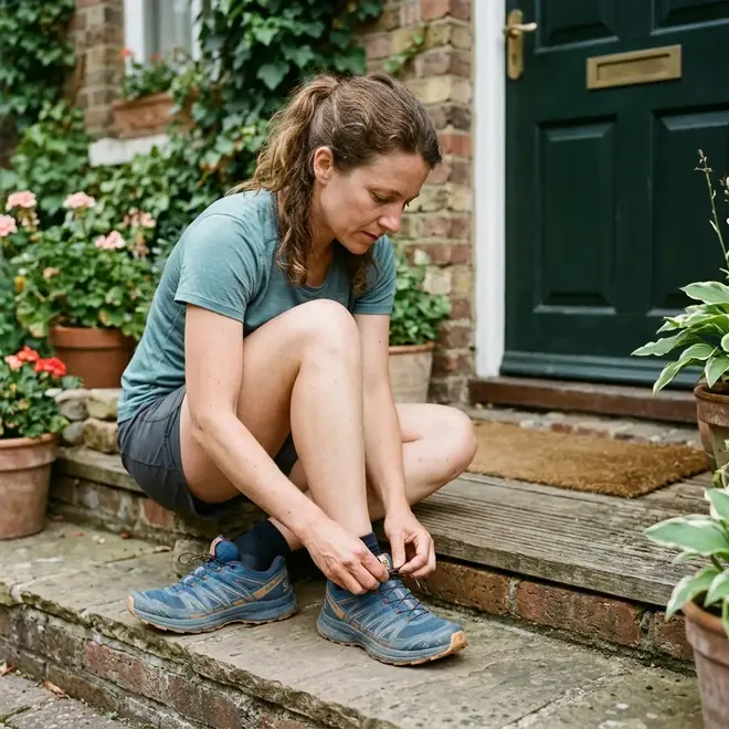 Eine Läuferin sitzt vor der Haustür auf einer Stufe und bindet sich die Laufschuhe