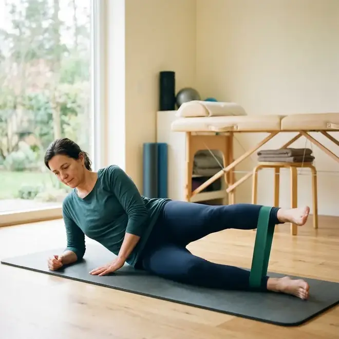 Ein heller Physiotherapieraum: eine Person mittleren Alters trainiert auf einer Matte mit einem elastischen Widerstandsband am Bein