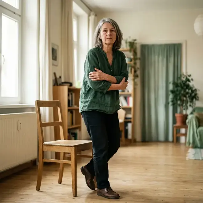 Eine Frau um die fünfzig steht gerade von einem Stuhl auf