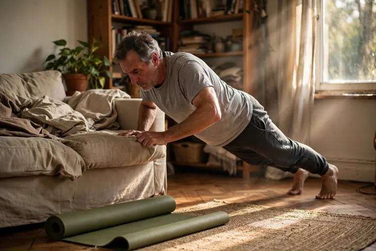 Ein Mann Mitte fünfzig macht im Wohnzimmer eine Liegestütz-Variante mit den Händen erhöht auf der Sofakante, daneben liegt eine ausgerollte Gymnastikmatte