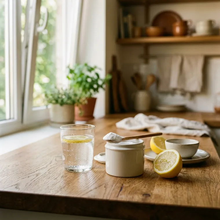 Glas Wasser, Messlöffel mit weißem Pulver und Dose auf Holzarbeitsplatte im Morgenlicht