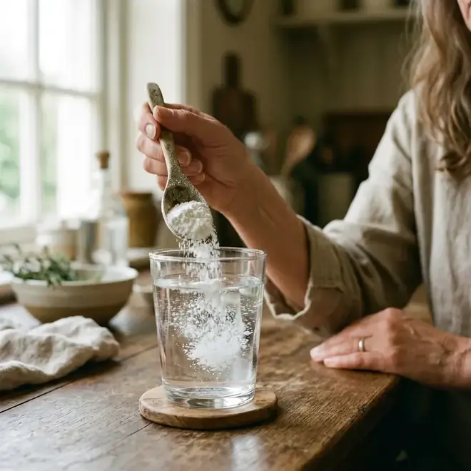 Nahaufnahme von Kreatinpulver, das von einem Löffel in ein Glas Wasser fällt