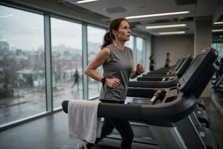 Eine Frau läuft auf einem Laufband in einem Fitnessstudio, durch die Fensterfront dahinter ist ein grauer, nasser Wintertag zu sehen