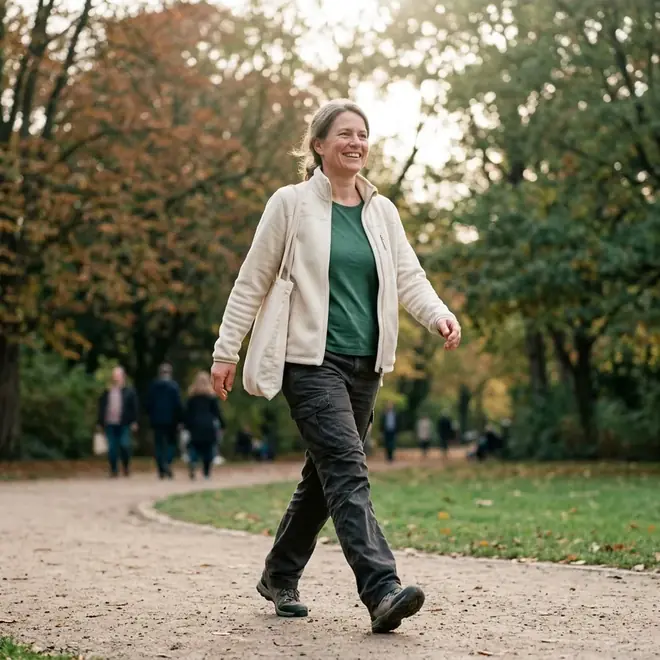 Eine Frau beim zügigen Gehen im Park als Geh-Pause während des Geh-Lauf-Trainings
