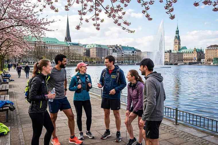 Eine Laufgruppe steht vor dem Start an der Binnenalster zusammen und unterhält sich, im Hintergrund Rathaus und Alsterfontäne