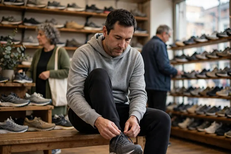 Ein Mann sitzt auf einer Holzbank in einem Laufschuhgeschäft und schnürt einen Testschuh, ringsum Regale voller Laufschuhe