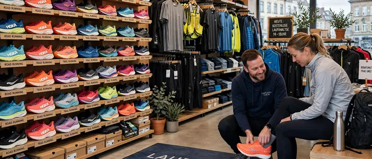 Ein Verkäufer kniet vor einer Kundin und hilft ihr beim Anprobieren eines Laufschuhs, dahinter eine Wand voller Laufschuhe in Regalen