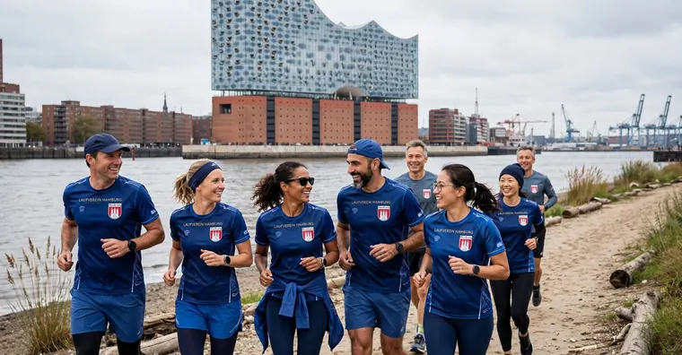 Eine Gruppe in einheitlichen blauen Vereinstrikots läuft am Elbufer entlang, im Hintergrund die Elbphilharmonie und die Hafenkräne
