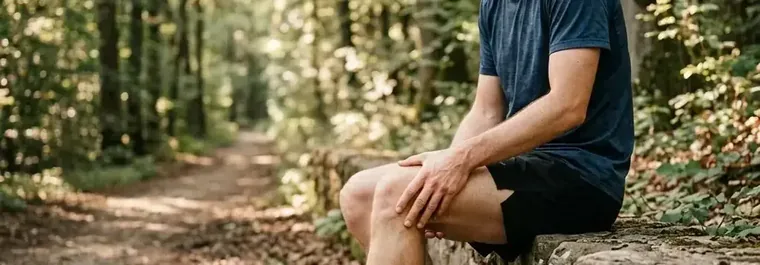 Ein Läufer sitzt an einem Waldweg auf einer Steinmauer und prüft sein Knie