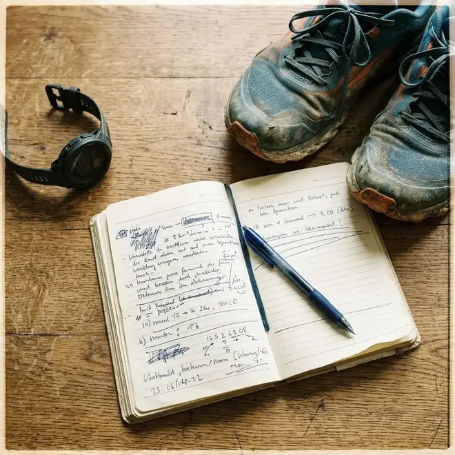 Getragene Laufschuhe, Sportuhr und Notizbuch auf einem Holzboden von oben