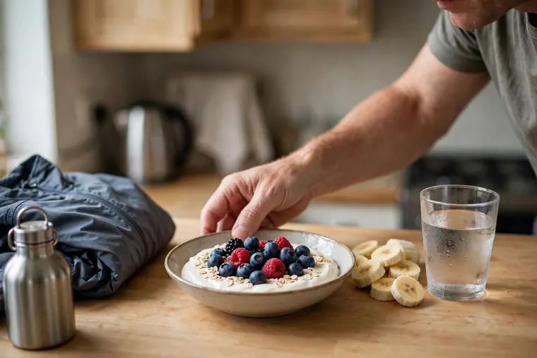 Eine Schüssel Quark mit Beeren und Haferflocken auf einer Küchenarbeitsplatte, daneben geschnittene Banane, ein Glas Wasser sowie eine abgelegte Laufjacke und Trinkflasche