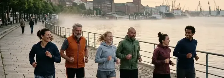 Eine Gruppe Freizeitläufer läuft im Morgenlicht über eine Uferpromenade vor einer Hafenstadt-Kulisse