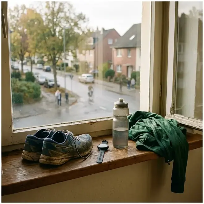 Laufschuhe, Sportuhr und Trinkflasche auf einer hölzernen Fensterbank im Morgenlicht