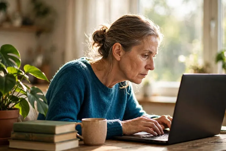 Eine Frau arbeitet am Küchentisch konzentriert an einem flach stehenden Laptop, der Kopf ist dem Bildschirm entgegen nach vorn geneigt