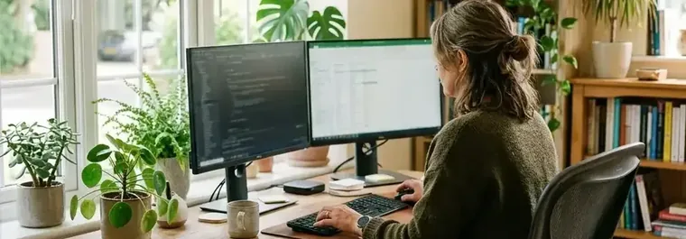 Eine Person sitzt im hellen Büro am Schreibtisch vor zwei Monitoren