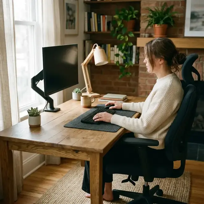 Ergonomisch eingestellter Schreibtischarbeitsplatz im Seitenprofil