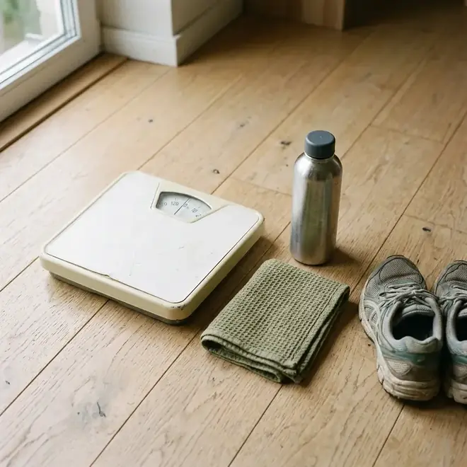 Schlichte Personenwaage, Edelstahl-Trinkflasche, Handtuch und Laufschuhe geordnet auf hellem Holzboden