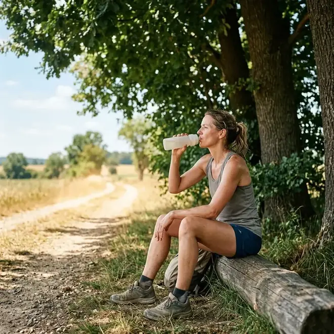 Eine Läuferin macht im Schatten einer Baumgruppe Trinkpause an einem heißen Sommertag