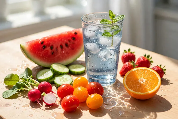 Ein beschlagenes Glas Eiswasser mit Minze auf einem Holzbrett, daneben Wassermelone, Gurkenscheiben, Kirschtomaten, Radieschen, Erdbeeren und eine halbierte Orange