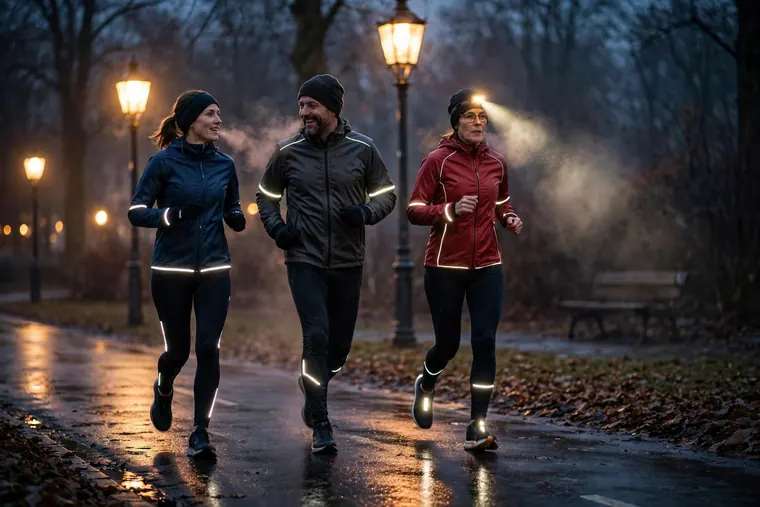 Drei Laufende in dunkler Kleidung mit Reflexstreifen an Jacke, Hose und Schuhen laufen abends durch einen nassen, von Laternen beleuchteten Park; eine Person trägt eine Stirnlampe