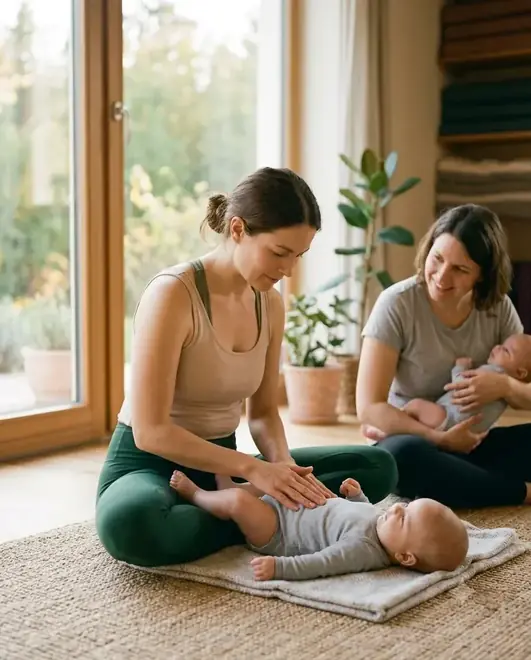 Eine Frau sitzt auf einer Matte und legt die Hände auf ihr Baby, im Hintergrund eine weitere Frau mit Kind